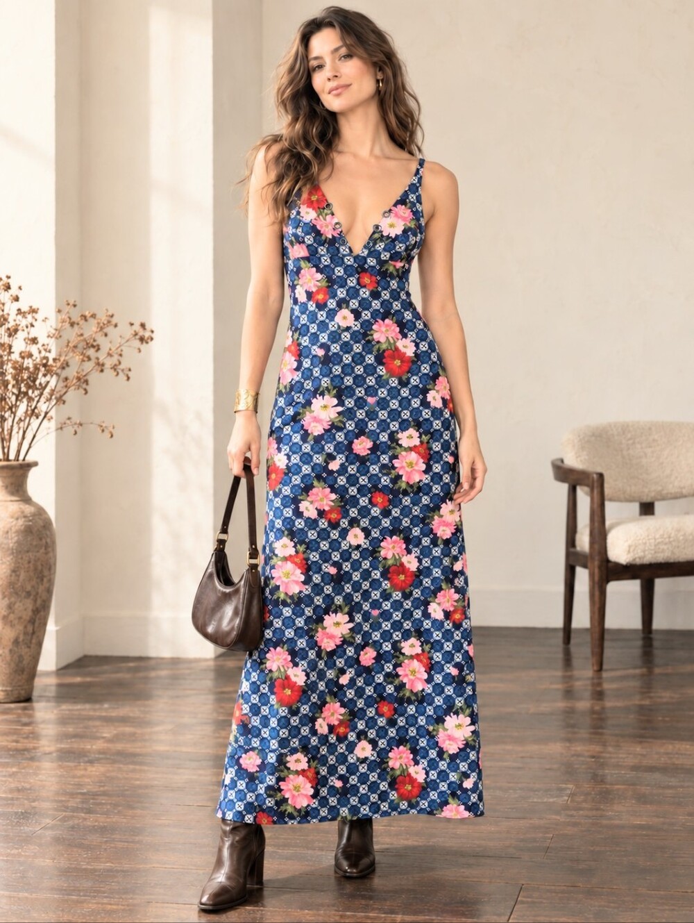 Handmade Vintage Floral Medallion Ribbed Maxi Dress Eyelet V-Neck Blue